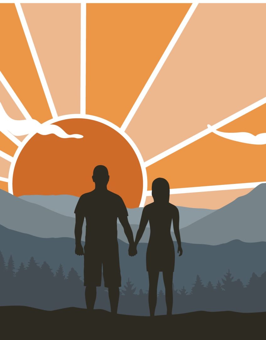 Illustration of couple looking into sunset