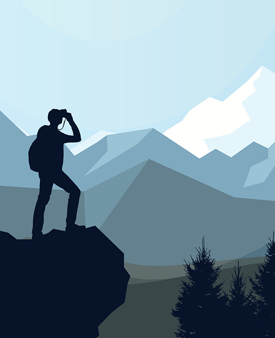 Illustration of man looking out to the mountains