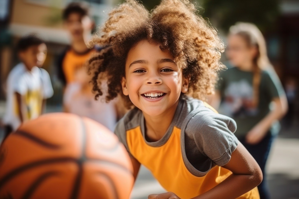 School age child smiling while playing basketball