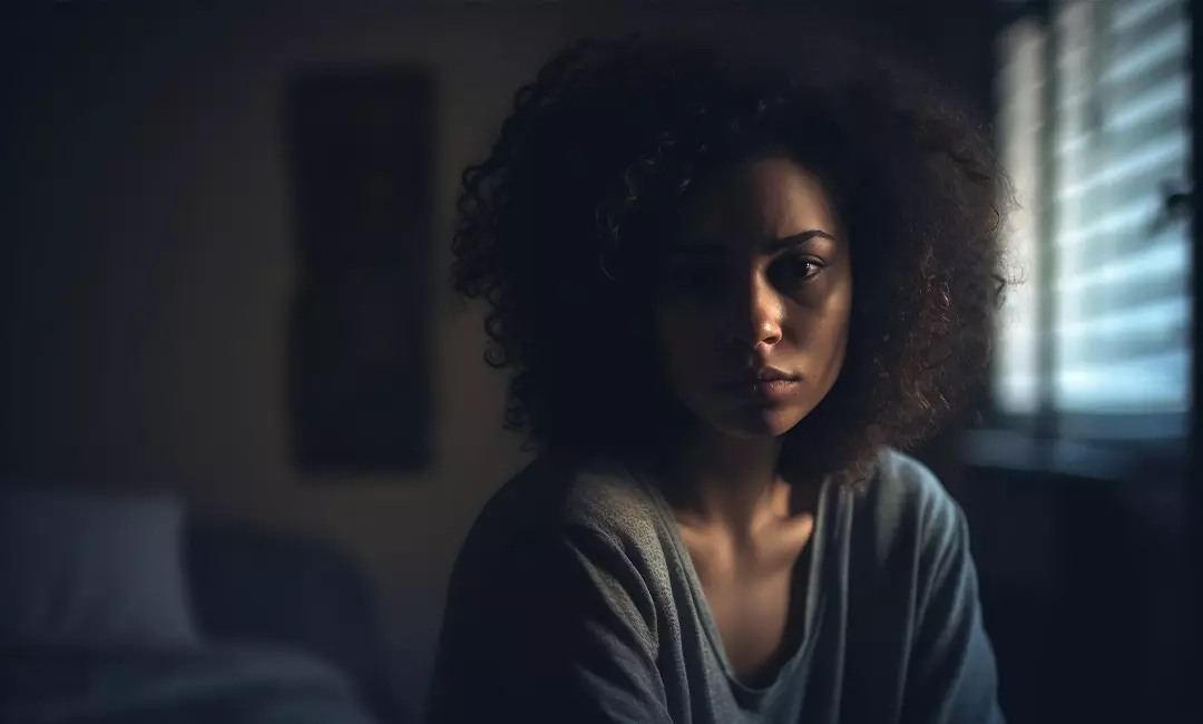 Woman in dark room suffering from poor mental health