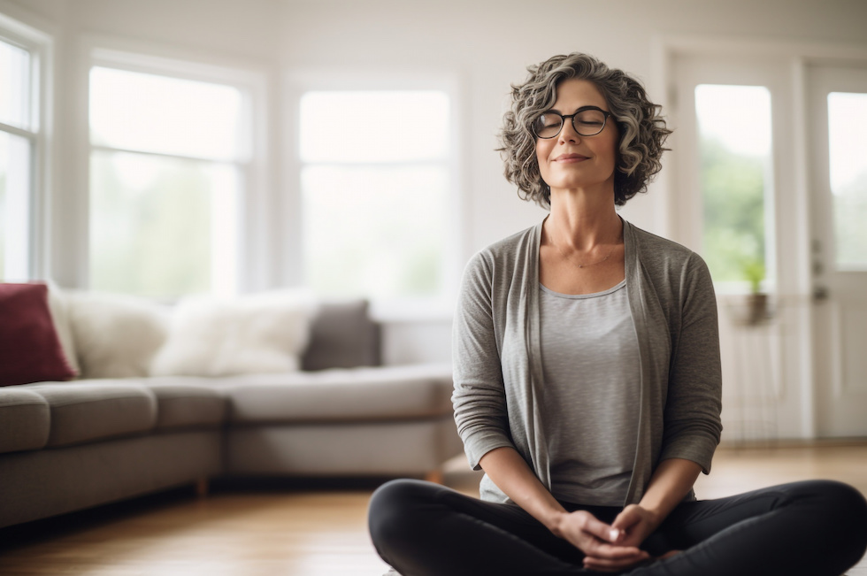 Middle Aged Woman Meditating At Home